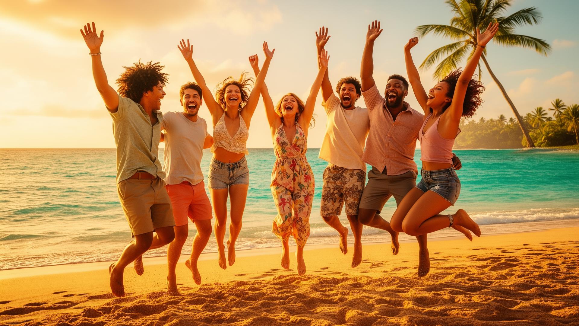 Group of friends celebrating together on a sunset beach
